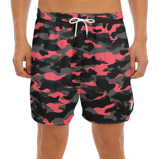 Black And Pink Camouflage Print Men's Split Running Shorts