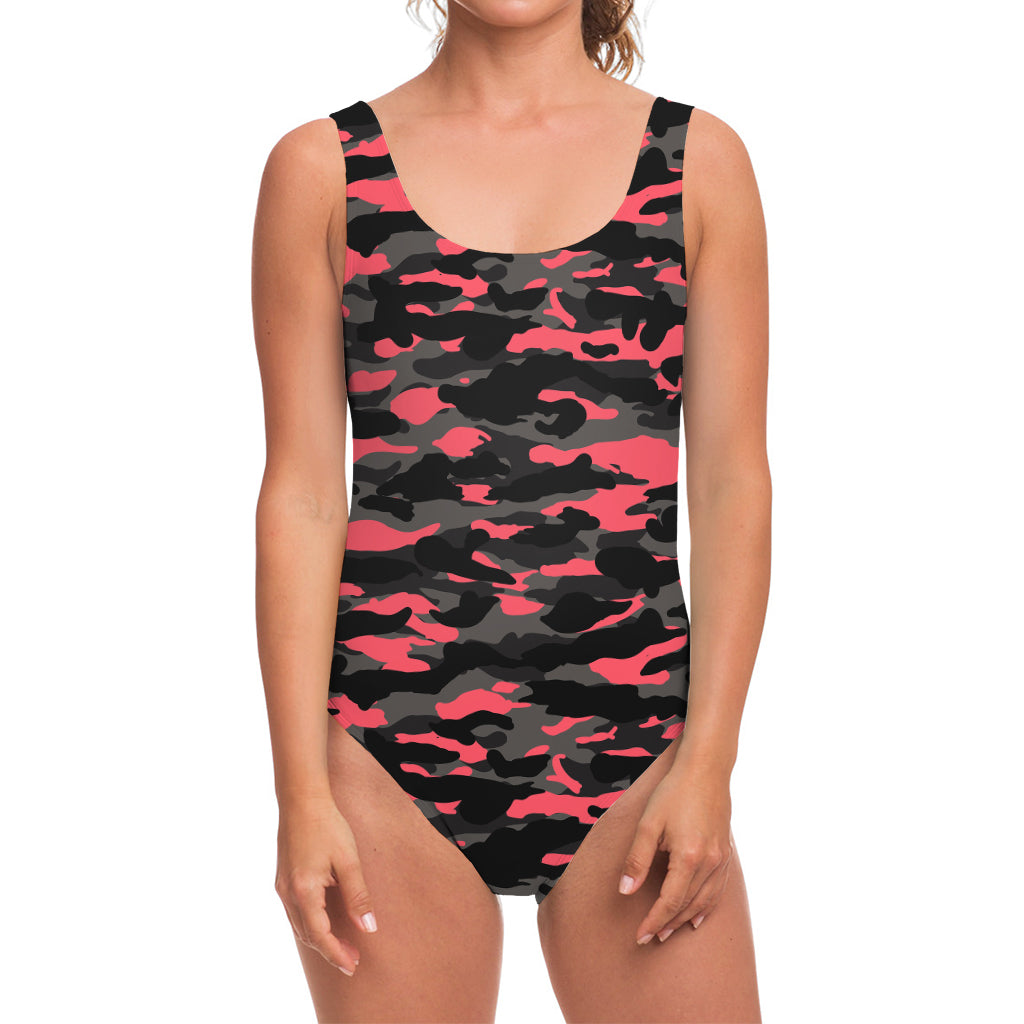 Black And Pink Camouflage Print One Piece Swimsuit