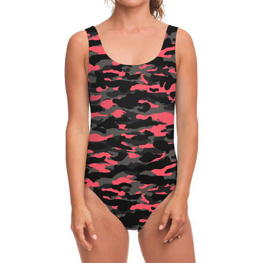 Black And Pink Camouflage Print One Piece Swimsuit