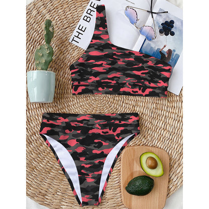 Black And Pink Camouflage Print One Shoulder Bikini Top