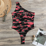 Black And Pink Camouflage Print One Shoulder Bodysuit