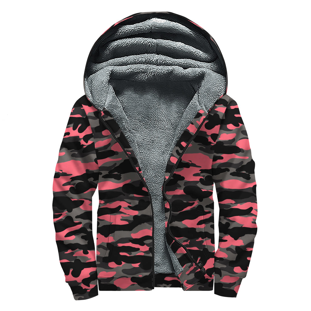 Black And Pink Camouflage Print Sherpa Lined Zip Up Hoodie