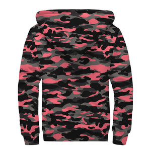 Black And Pink Camouflage Print Sherpa Lined Zip Up Hoodie