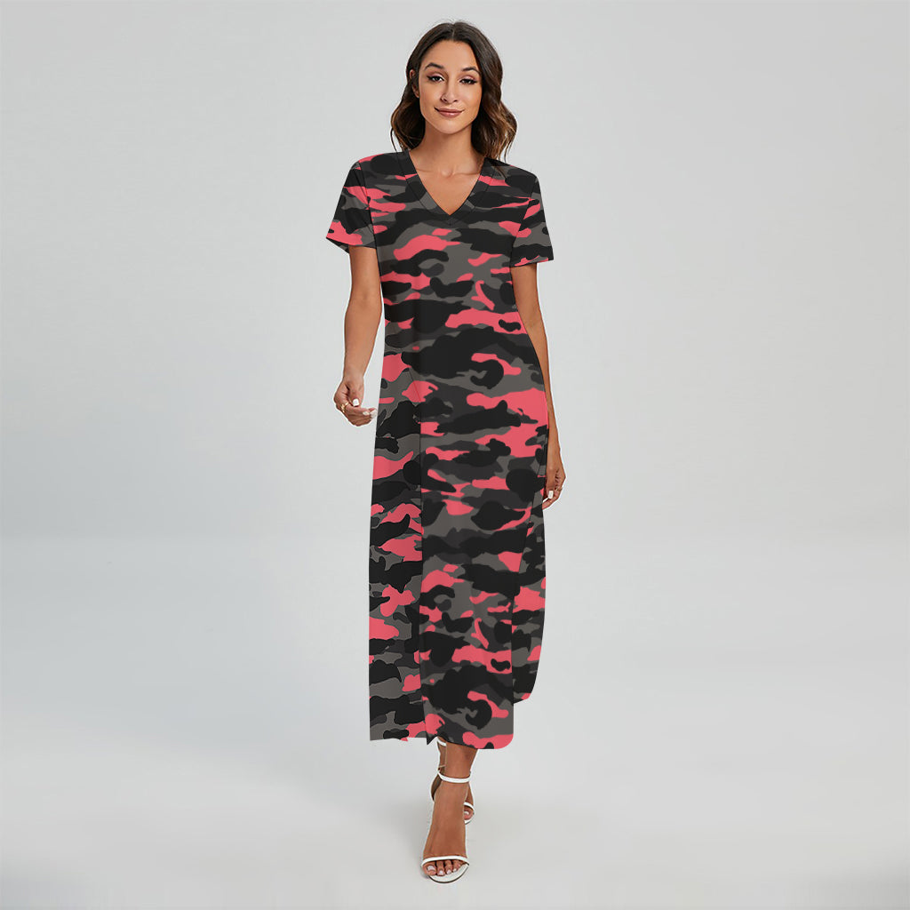 Black And Pink Camouflage Print Short Sleeve Maxi Dress