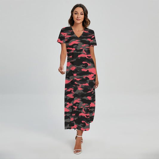 Black And Pink Camouflage Print Short Sleeve Maxi Dress