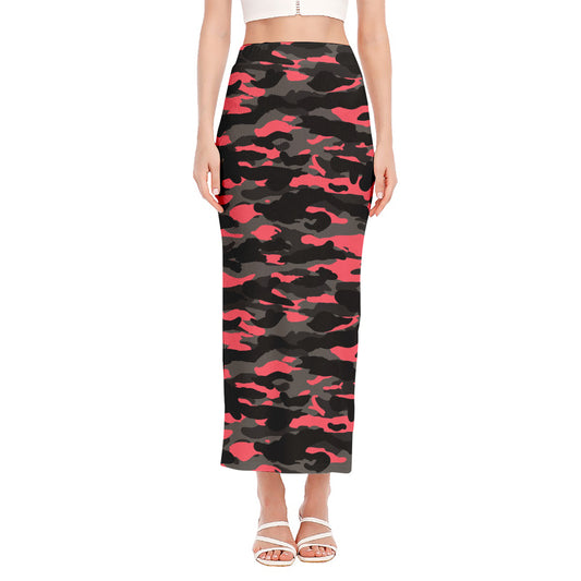 Black And Pink Camouflage Print Side Slit Maxi Skirt