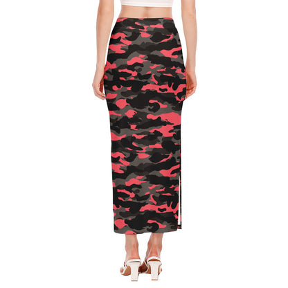Black And Pink Camouflage Print Side Slit Maxi Skirt