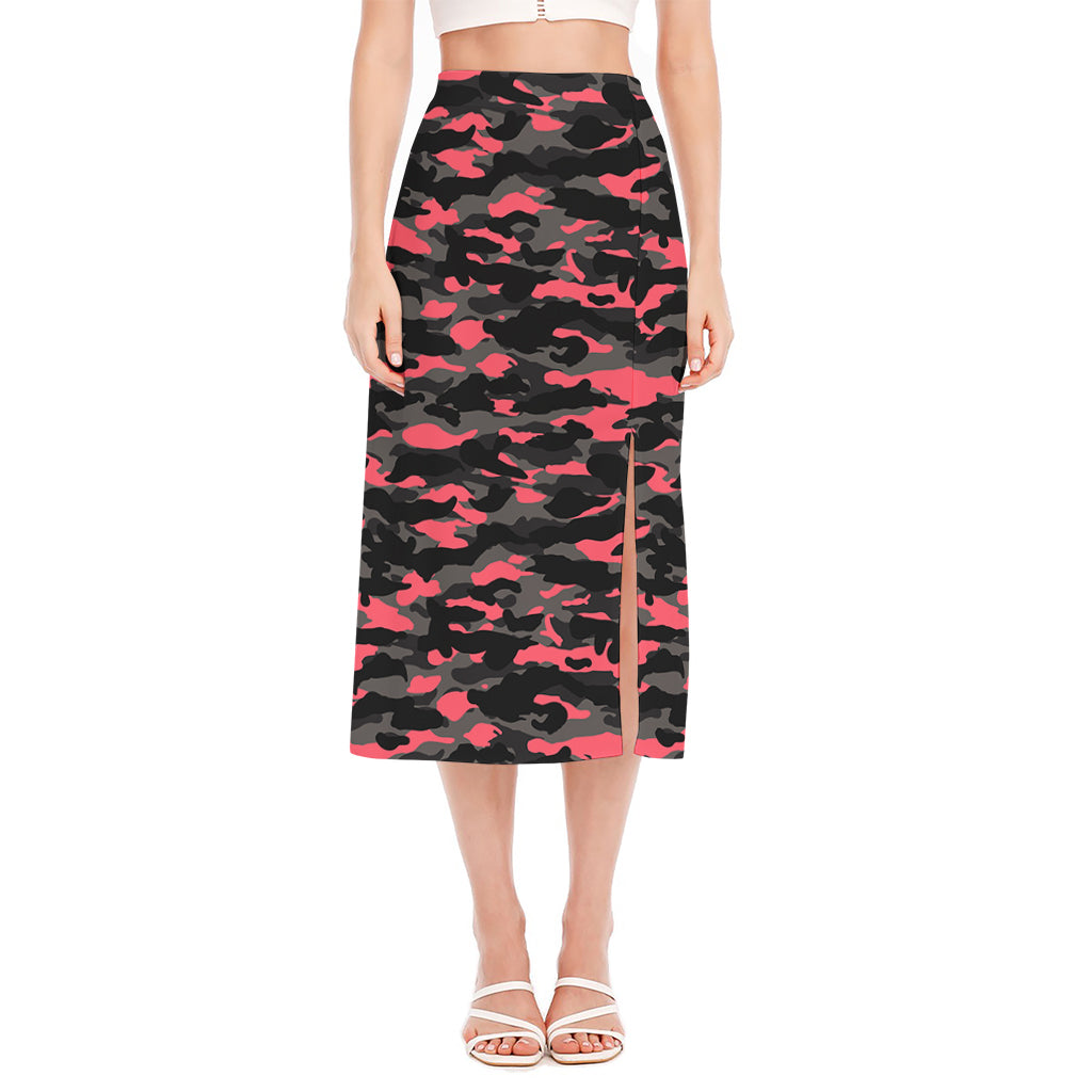 Black And Pink Camouflage Print Side Slit Midi Skirt