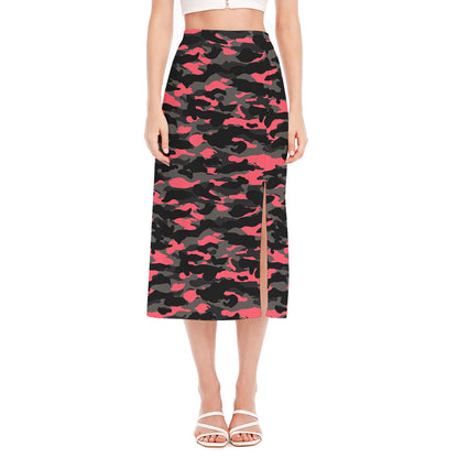Black And Pink Camouflage Print Side Slit Midi Skirt