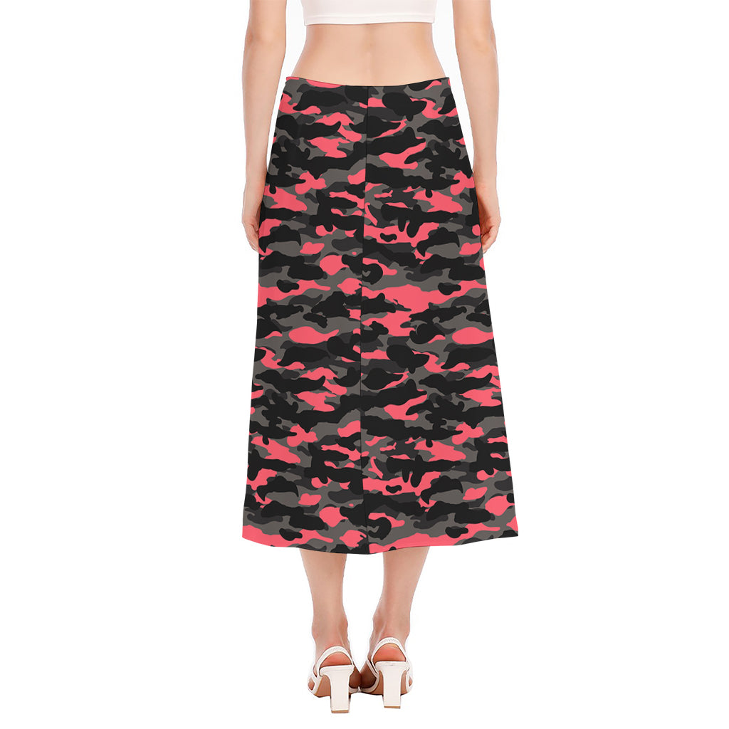 Black And Pink Camouflage Print Side Slit Midi Skirt