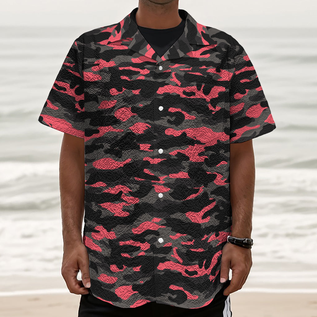 Black And Pink Camouflage Print Textured Short Sleeve Shirt