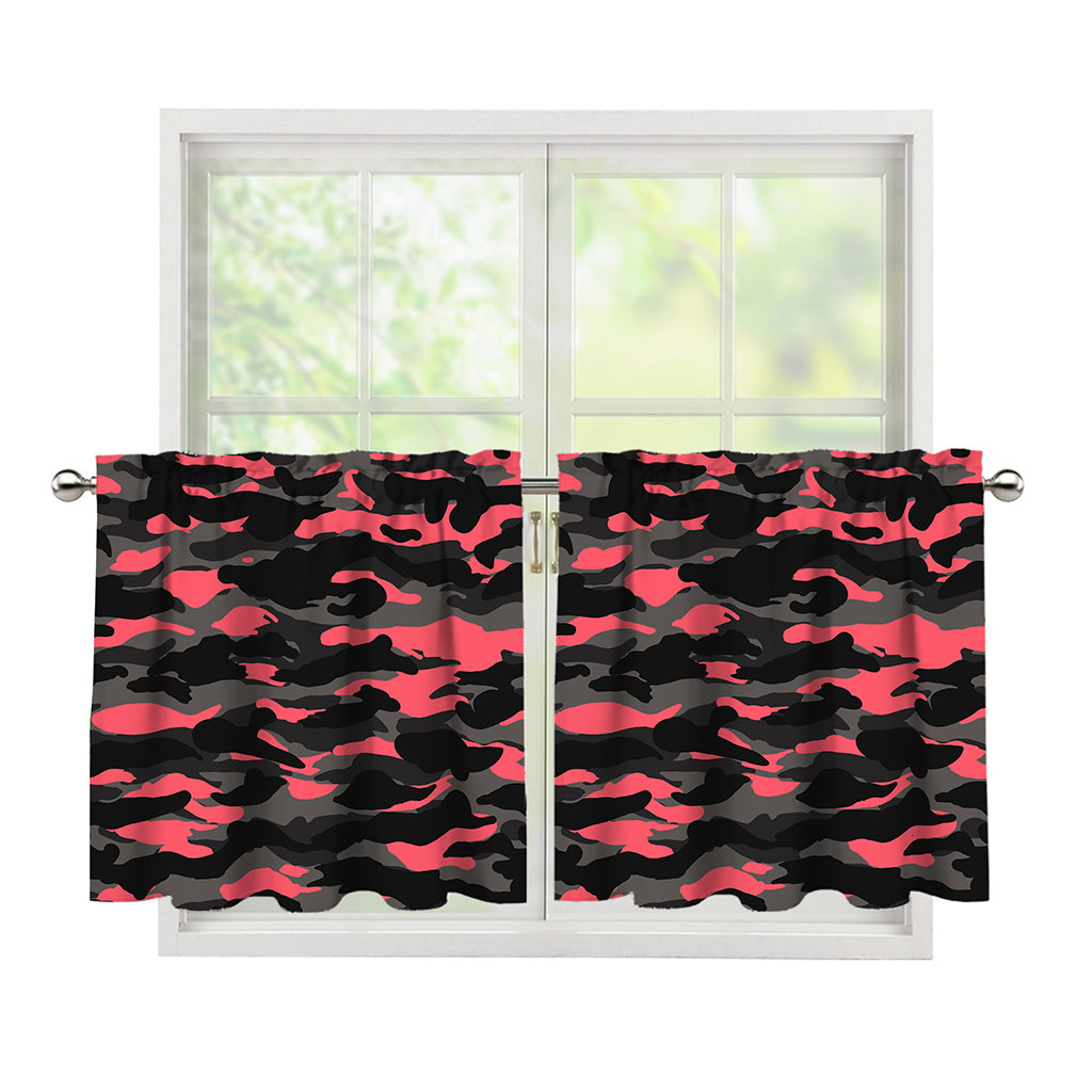 Black And Pink Camouflage Print Tier Curtains