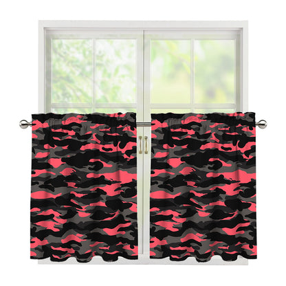 Black And Pink Camouflage Print Tier Curtains