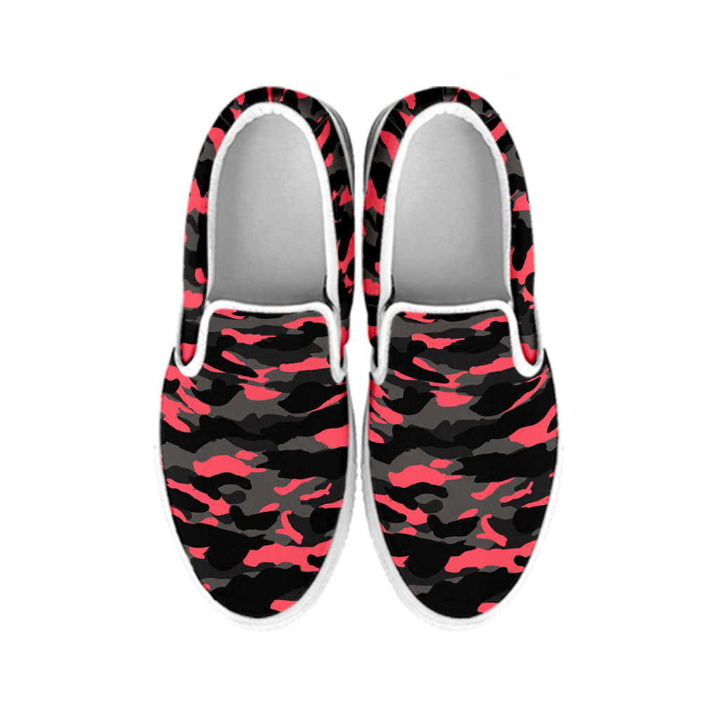 Black And Pink Camouflage Print White Slip On Sneakers