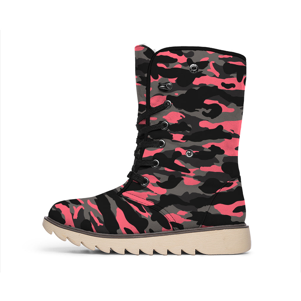 Black And Pink Camouflage Print Winter Boots