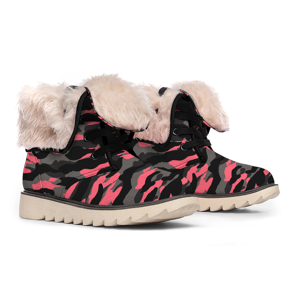 Black And Pink Camouflage Print Winter Boots