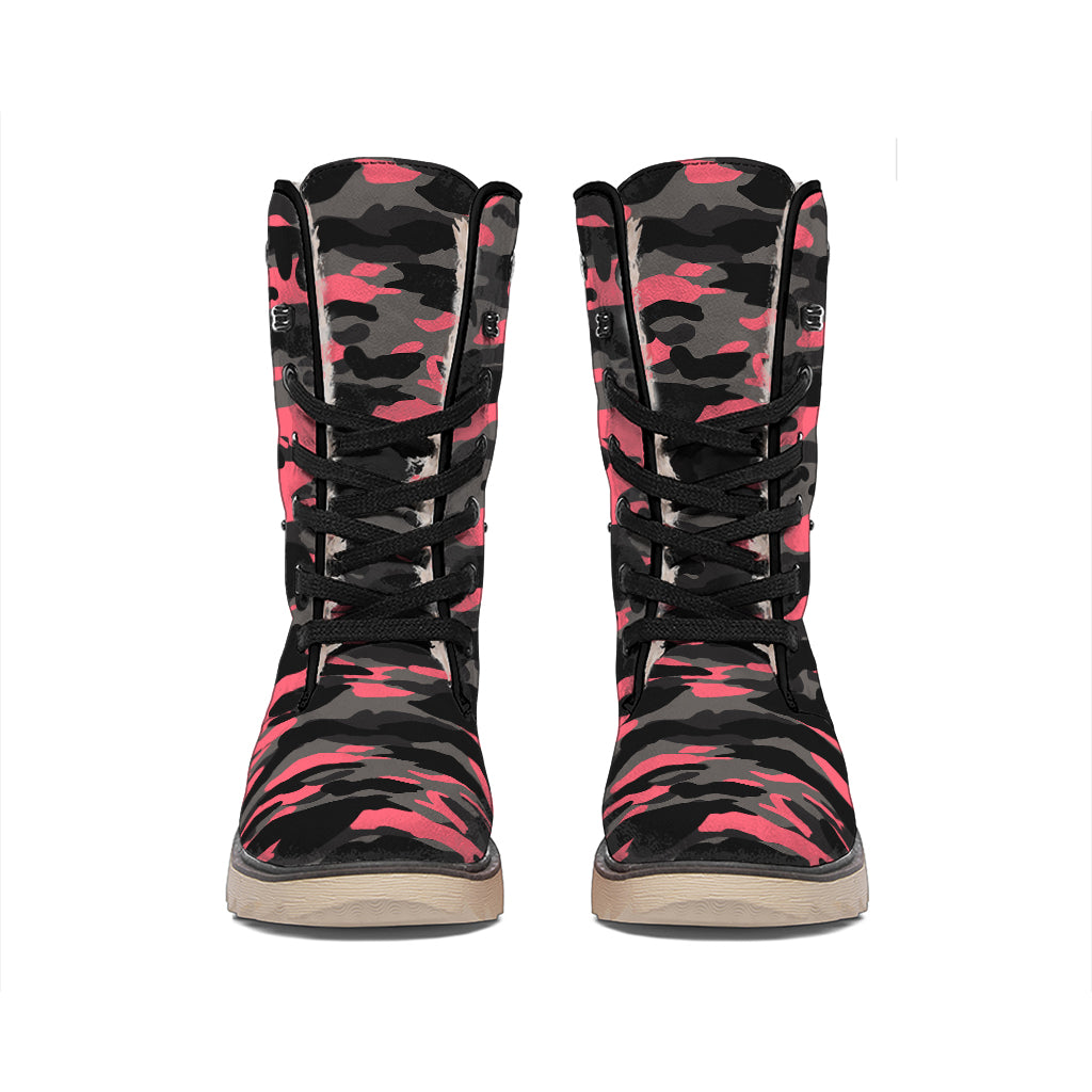 Black And Pink Camouflage Print Winter Boots
