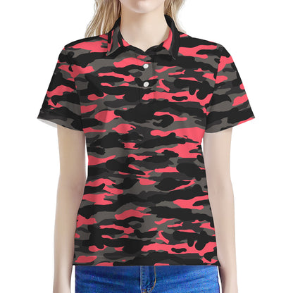 Black And Pink Camouflage Print Women's Polo Shirt