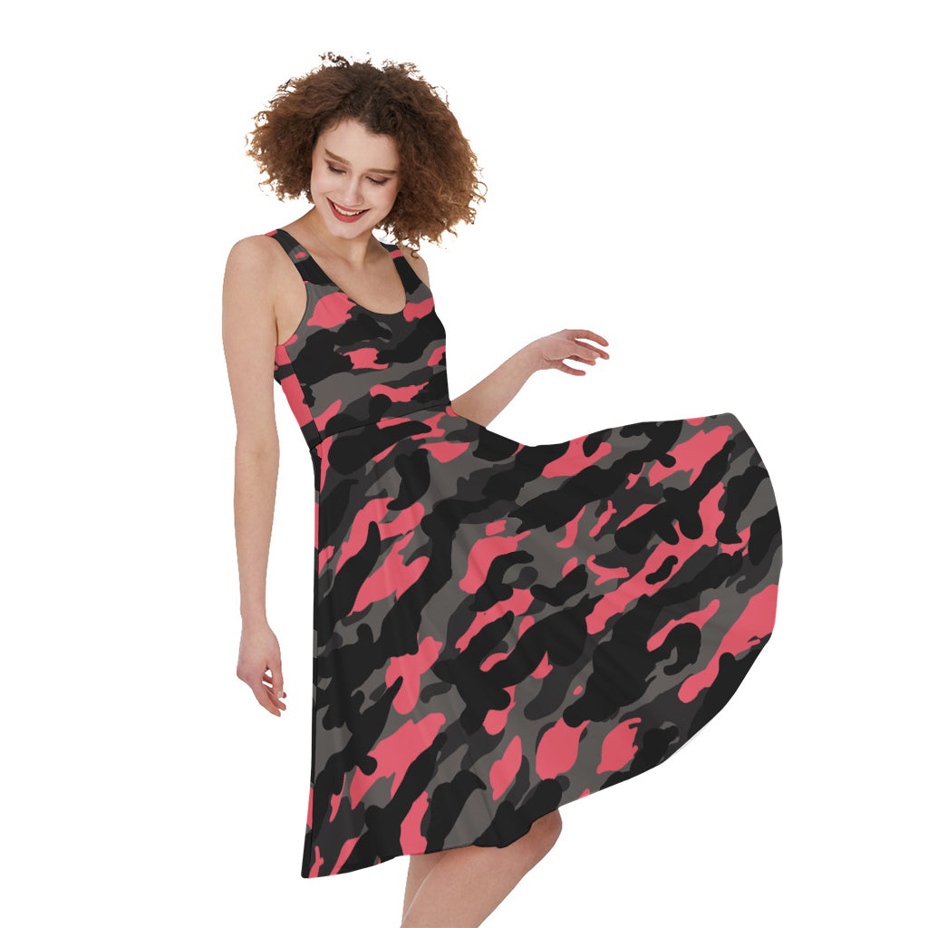 Black And Pink Camouflage Print Women's Sleeveless Dress