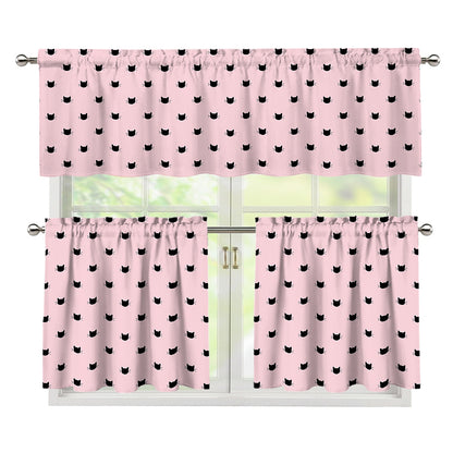 Black And Pink Cat Pattern Print 3 Piece Kitchen Curtains