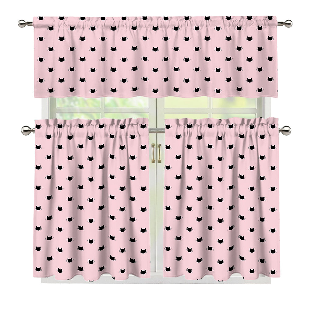 Black And Pink Cat Pattern Print 3 Piece Kitchen Curtains