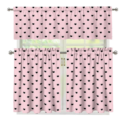 Black And Pink Cat Pattern Print 3 Piece Kitchen Curtains
