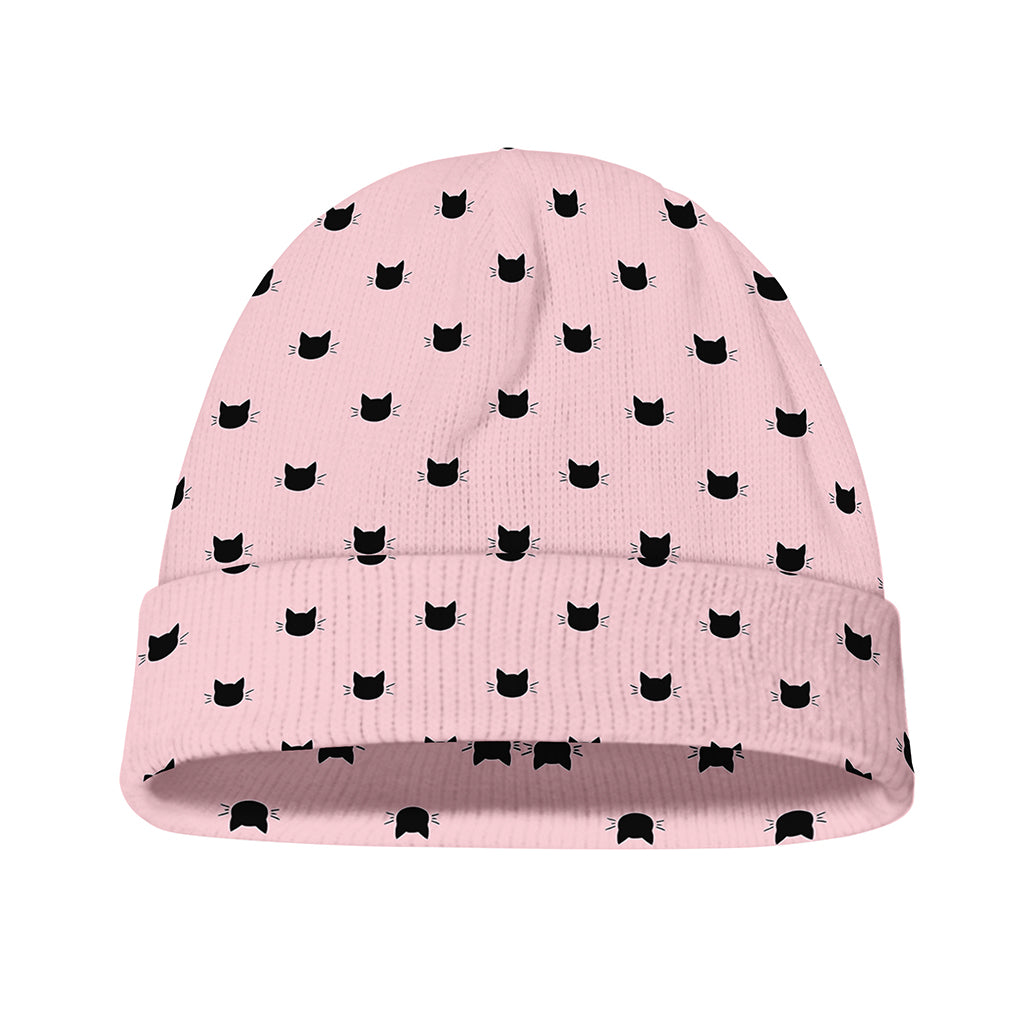 Black And Pink Cat Pattern Print Beanie