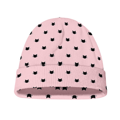 Black And Pink Cat Pattern Print Beanie
