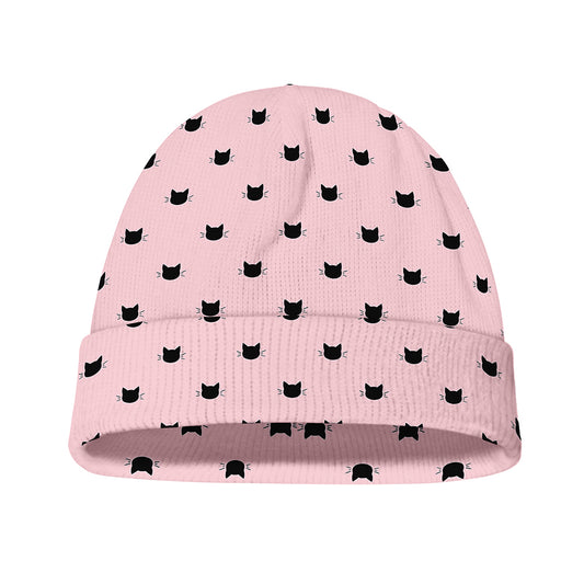 Black And Pink Cat Pattern Print Beanie