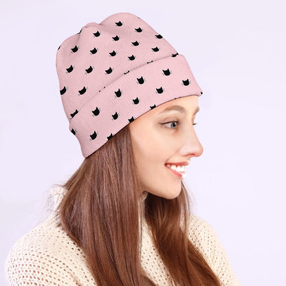 Black And Pink Cat Pattern Print Beanie