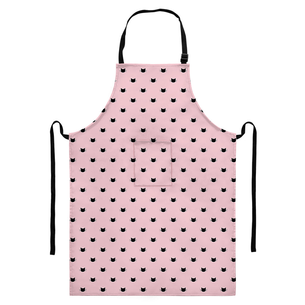 Black And Pink Cat Pattern Print Bib Apron With Pocket