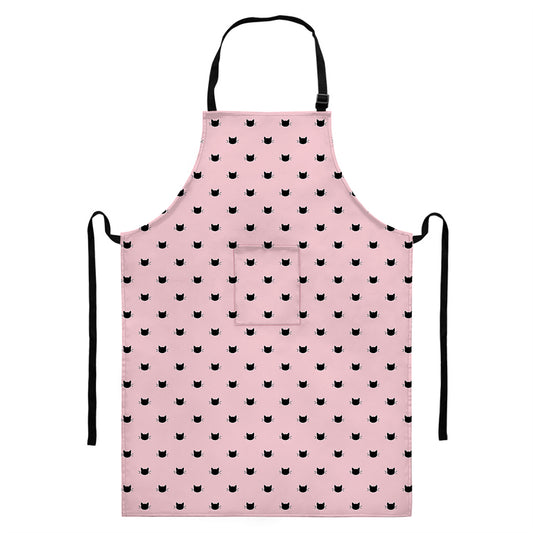 Black And Pink Cat Pattern Print Bib Apron With Pocket