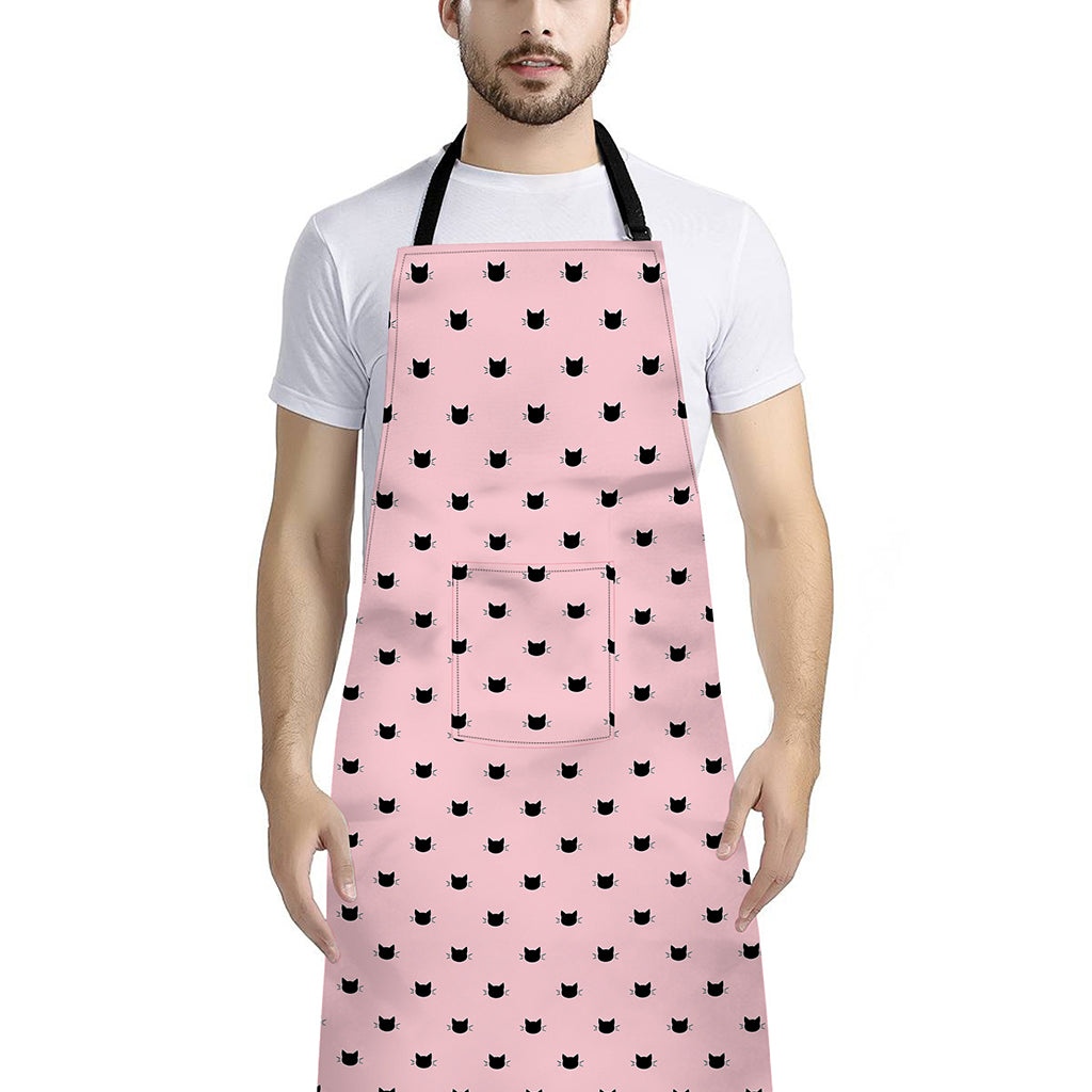 Black And Pink Cat Pattern Print Bib Apron With Pocket