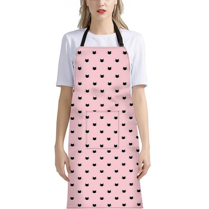 Black And Pink Cat Pattern Print Bib Apron With Pocket