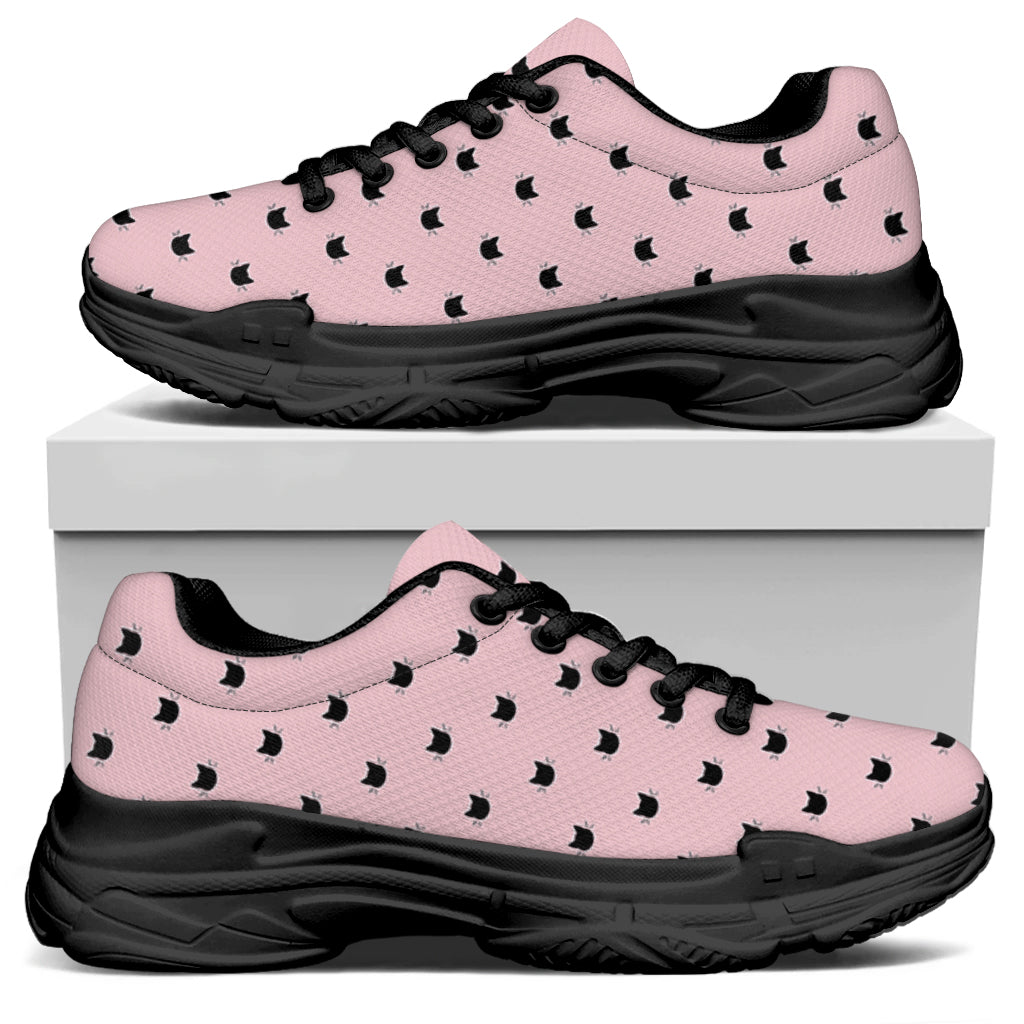 Black And Pink Cat Pattern Print Black Chunky Shoes