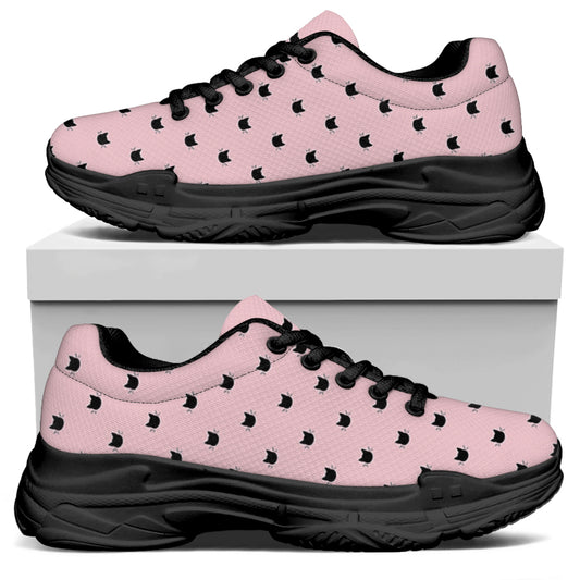 Black And Pink Cat Pattern Print Black Chunky Shoes