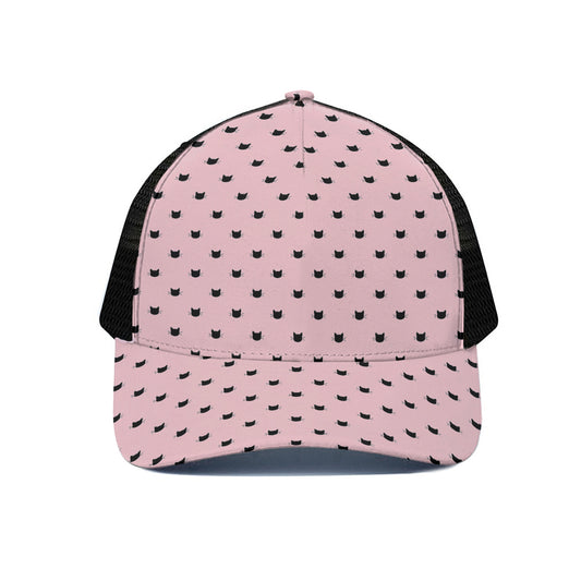 Black And Pink Cat Pattern Print Black Mesh Trucker Cap