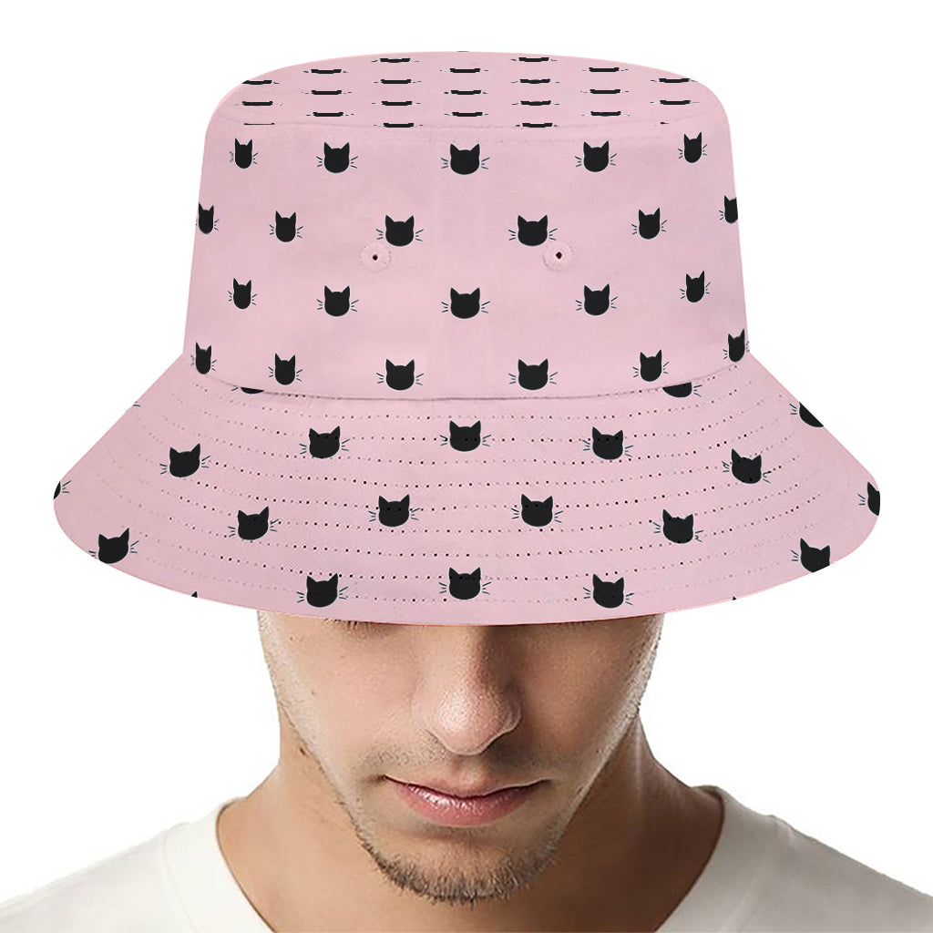 Black And Pink Cat Pattern Print Bucket Hat