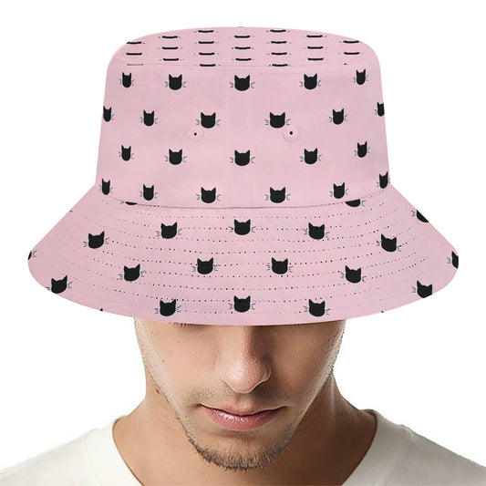 Black And Pink Cat Pattern Print Bucket Hat