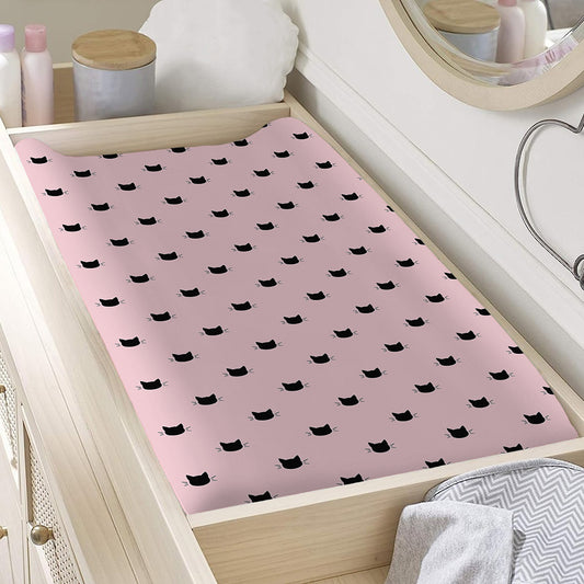 Black And Pink Cat Pattern Print Changing Pad Cover