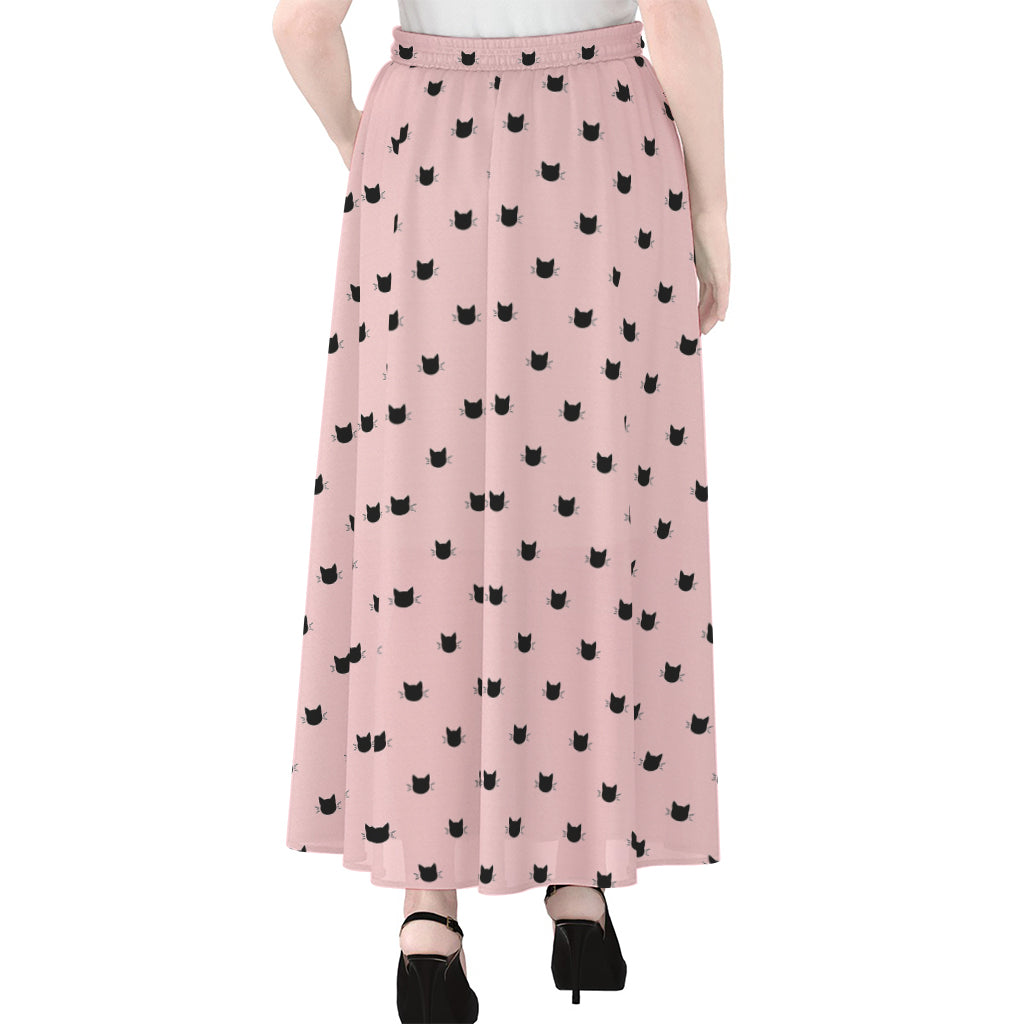 Black And Pink Cat Pattern Print Chiffon Maxi Skirt