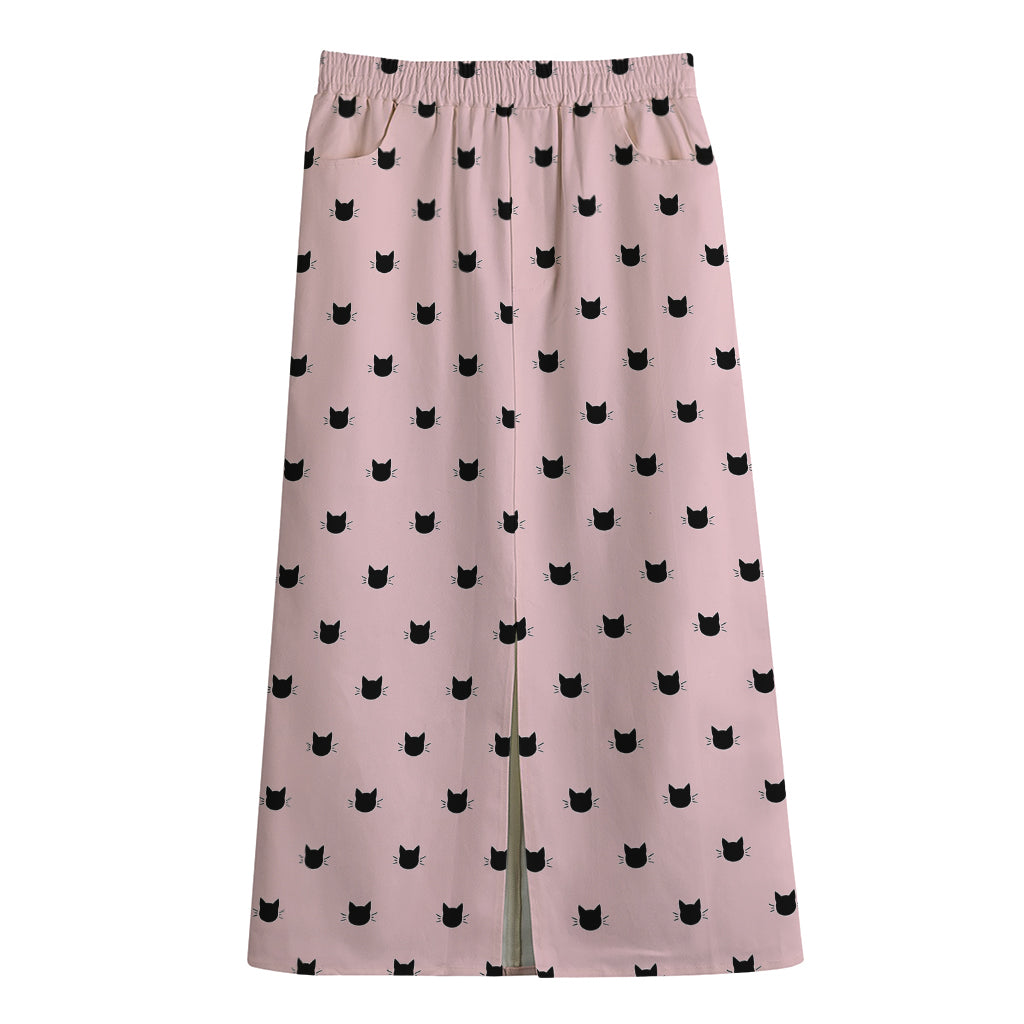 Black And Pink Cat Pattern Print Cotton Front Slit Maxi Skirt
