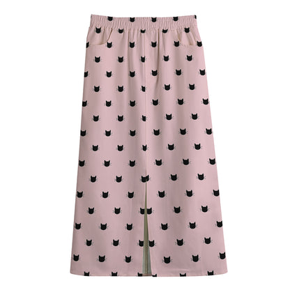 Black And Pink Cat Pattern Print Cotton Front Slit Maxi Skirt
