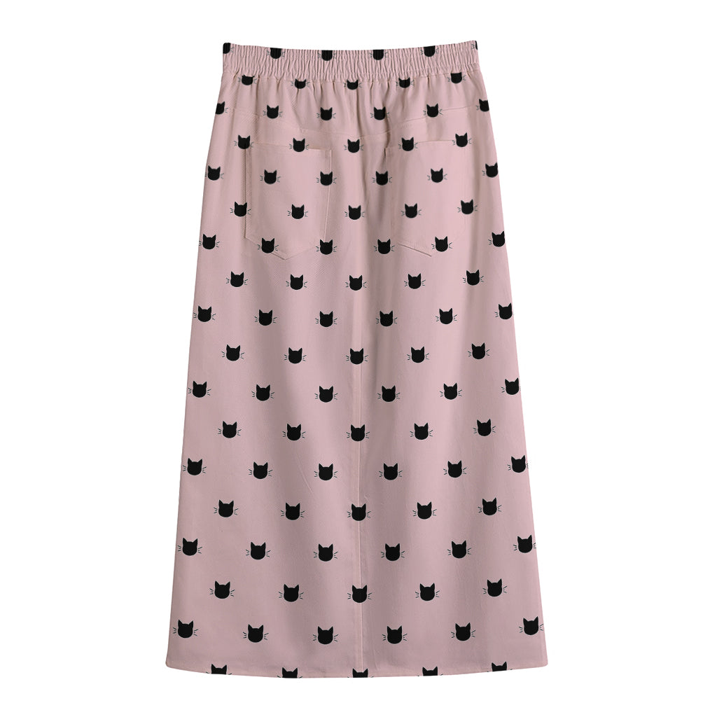Black And Pink Cat Pattern Print Cotton Front Slit Maxi Skirt