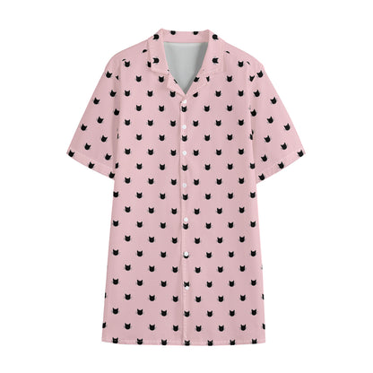 Black And Pink Cat Pattern Print Cotton Hawaiian Shirt