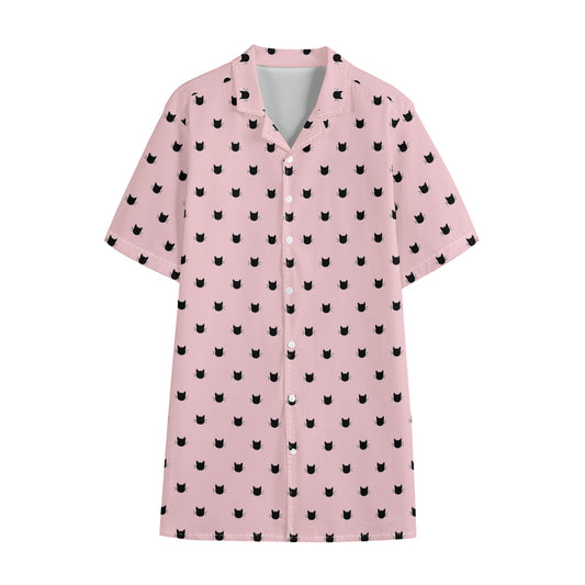 Black And Pink Cat Pattern Print Cotton Hawaiian Shirt