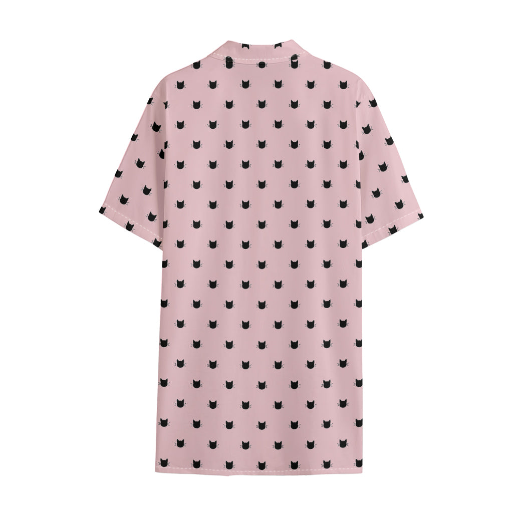 Black And Pink Cat Pattern Print Cotton Hawaiian Shirt