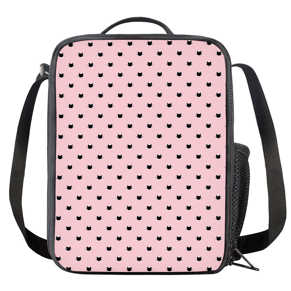 Black And Pink Cat Pattern Print Crossbody Lunch Bag