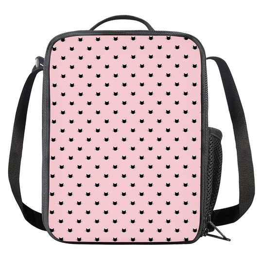 Black And Pink Cat Pattern Print Crossbody Lunch Bag
