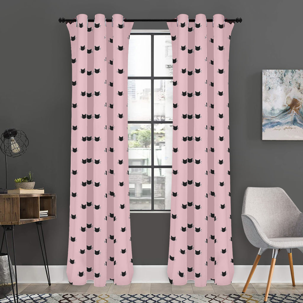 Black And Pink Cat Pattern Print Curtain